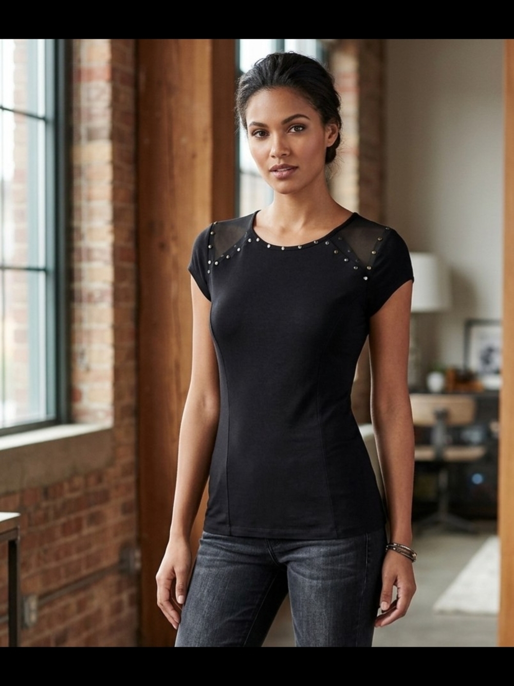 Rock & Republic Black Mesh Shoulder Tee with Stud Accents